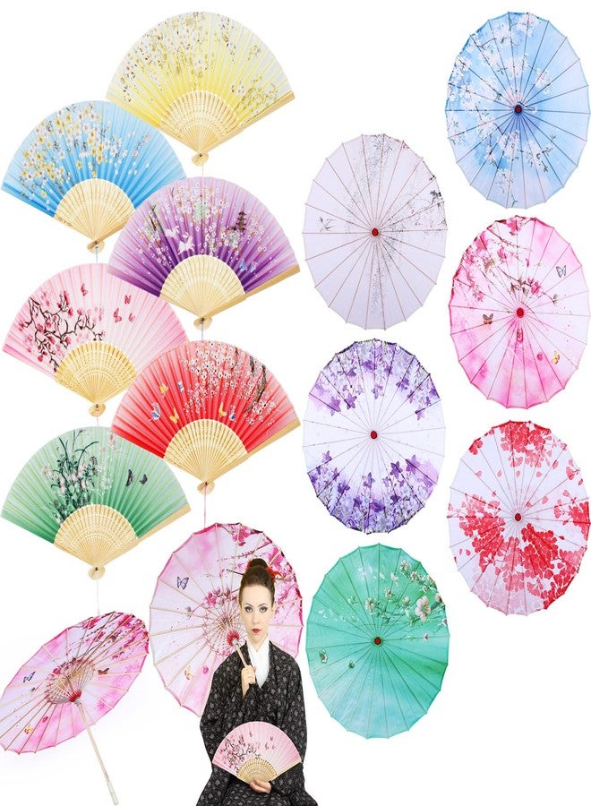 Dansydaisy 12 Pcs 32 in Oiled Paper Umbrella Folding Fan Set Chinese Japanese Parasol for Wedding Floral Umbrella and Paper Fan for Bridal Party Supplies Home Decor - Image 1